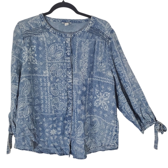 Pachwork Print Woman's Top Size Large Blue White - Picture 1 of 6
